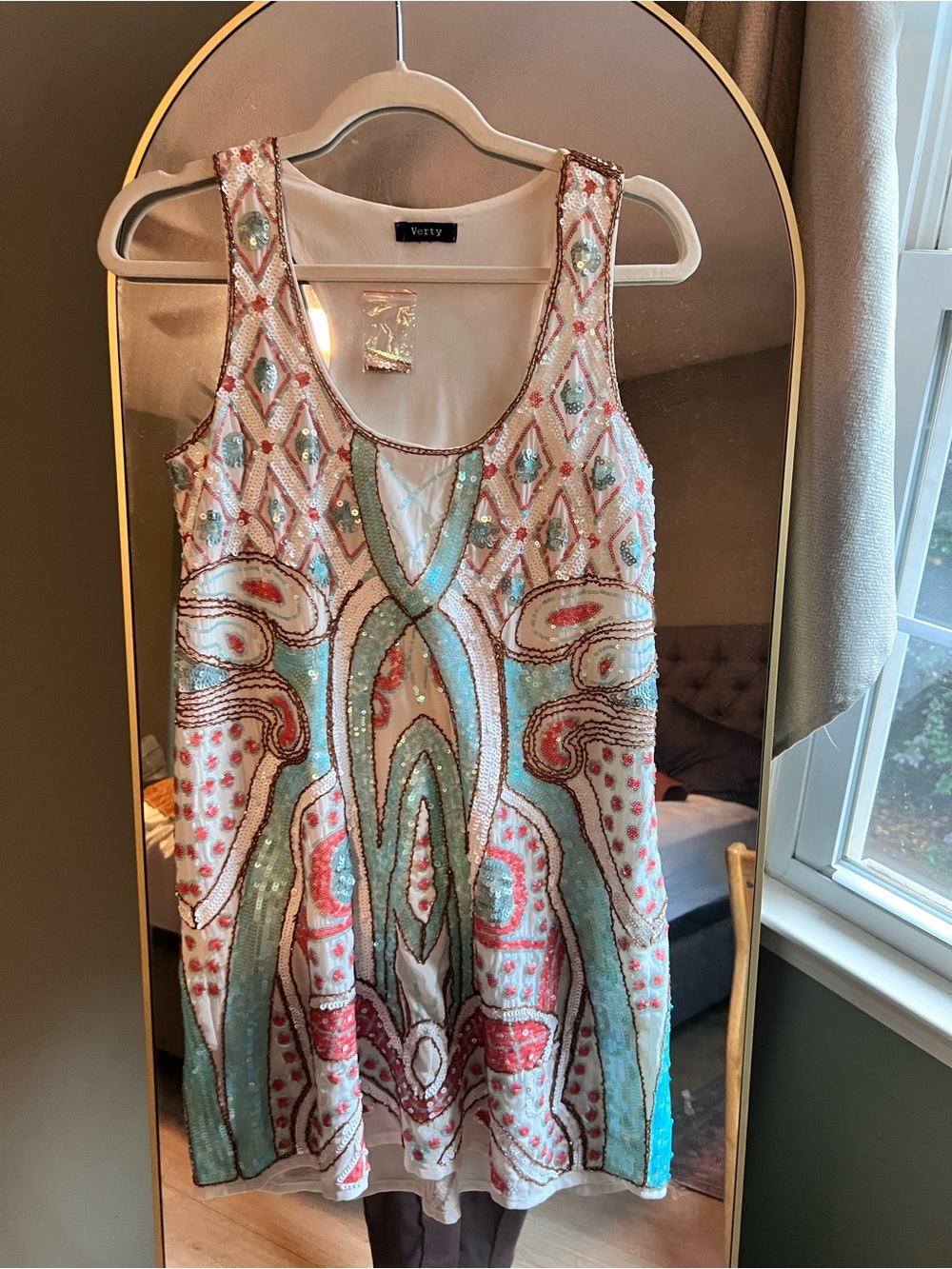 Embellished Beaded Tank Dress in White and Aqua